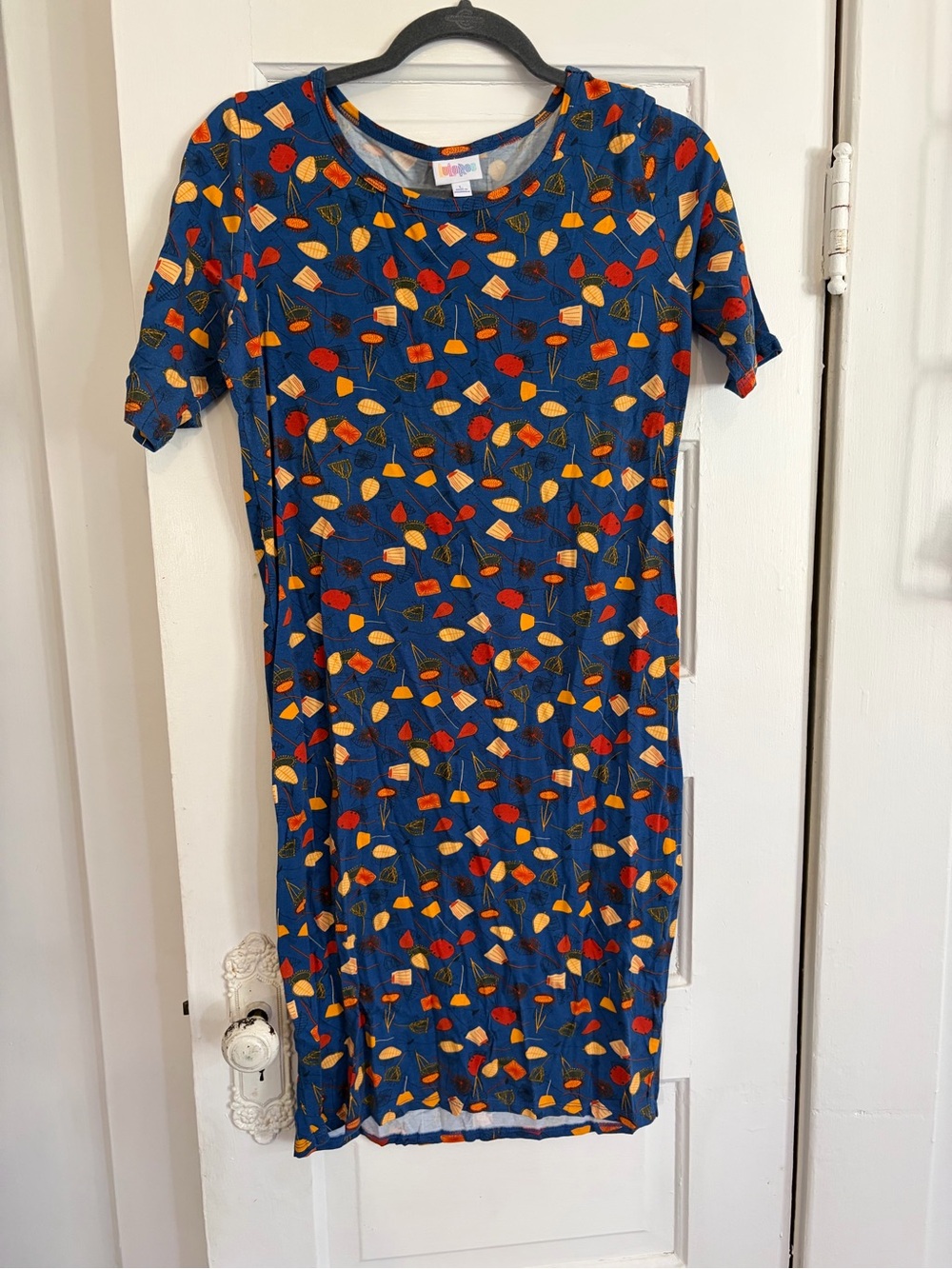 LuLaRoe Blue Midi Dress with Red and Yellow Leaf Print